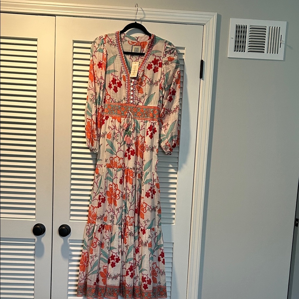 V-Neck Tiered Maxi Dress in Cream with Orange Floral Print